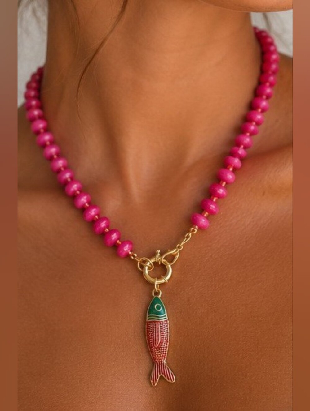 Gold Fish Charm Pink Beaded Necklace